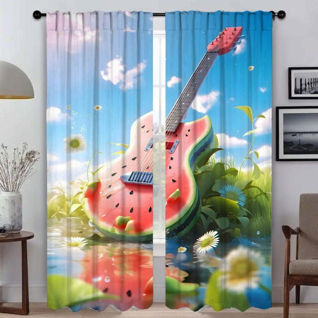 Wassermelone Gitarre Fenster Vorhang Set mit 2 Paneelen als Moskitonetz und Raumteiler aus Tüll, Mehrfarbig, Breite: 50 cm, Höhe: 70 cm - Bild 1