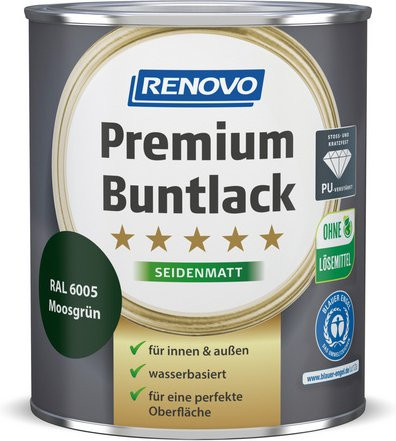 RENOVO Premium Buntlack für Holz, seidenmatt, Moosgrün RAL 6005, wasserbasiert, 0,75 l - Bild 1