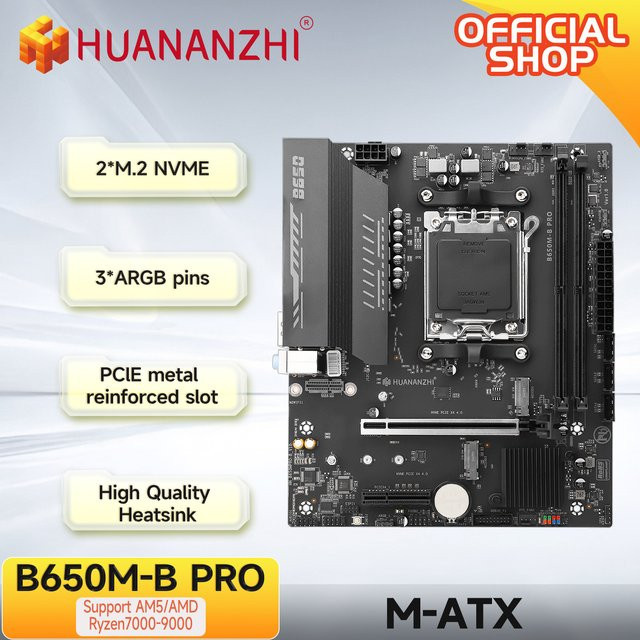 HUANANZHI B650M B PRO Mainboard AM5 für AMD Ryzen 7000 8000 9000 Serie, Micro-ATX, DDR5, M.2 NVMe, WiFi, Schwarz - Bild 1
