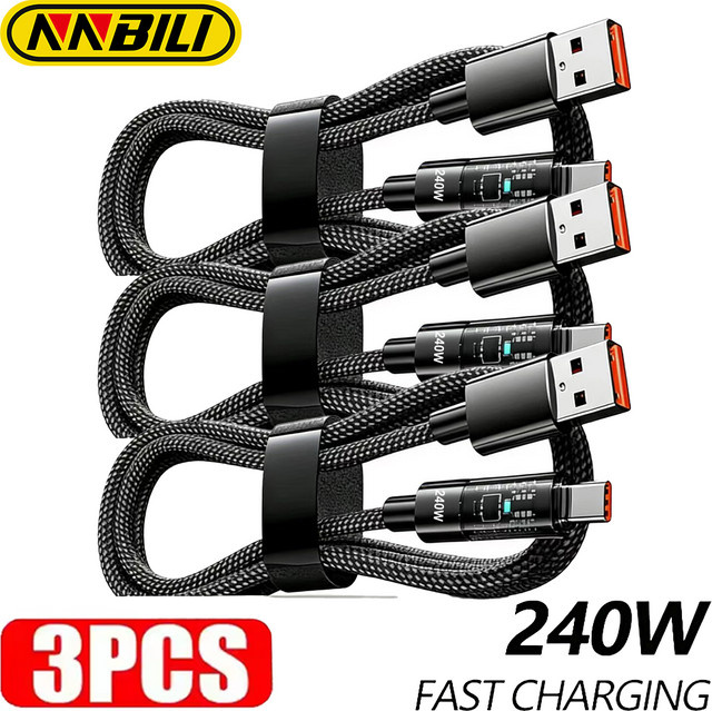 NNBILI 3er-Set USB-C Schnellladekabel aus Nylon mit LED-Display, 240 W USB-A auf USB-C Datenkabel, Schwarz - Bild 1