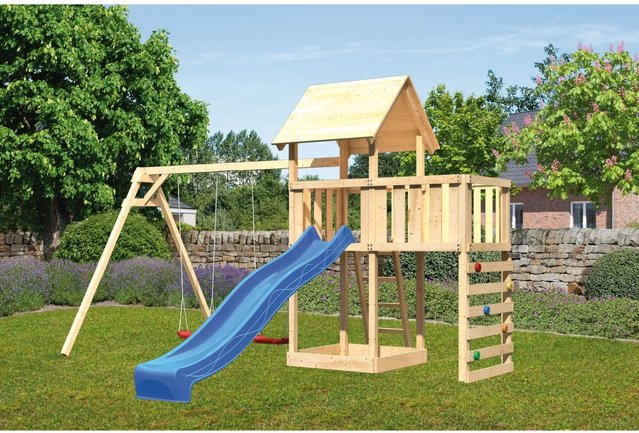 Karibu Spielturm Lotti mit Doppelschaukel, Anbauplattform, Kletterwand und Rutsche in Blau - Bild 1