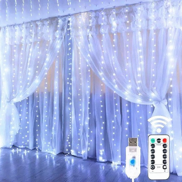 IEEYEEY LED-Vorhang-Lichterkette mit Fernbedienung und USB-Anschluss für Weihnachten, Hochzeit und Party - Bild 1