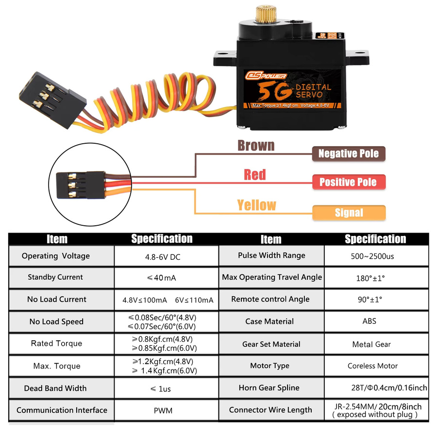 DSpower 5G Micro Digital Servo, Metall/Kunststoff Getriebe, JR/JST Stecker - Bild 4
