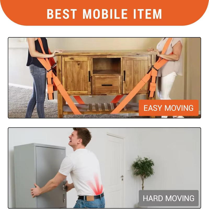 Verstellbare 2-Personen-Möbeltransportgurte in Orange mit Cam-Buckle für Sofa, Matratze und Geräte - Bild 3