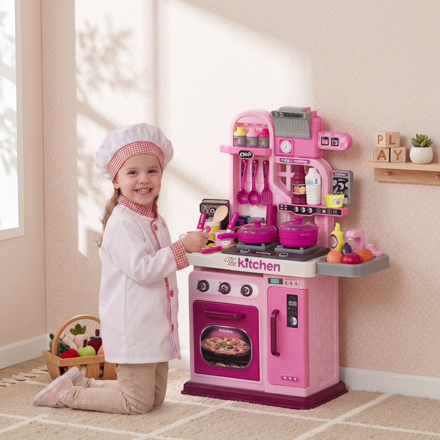 Aosom Kinderküche Spielküche mit Herd, Wasserhahn mit Druckknopf, Licht- und Soundfunktion, Rosa - Bild 2
