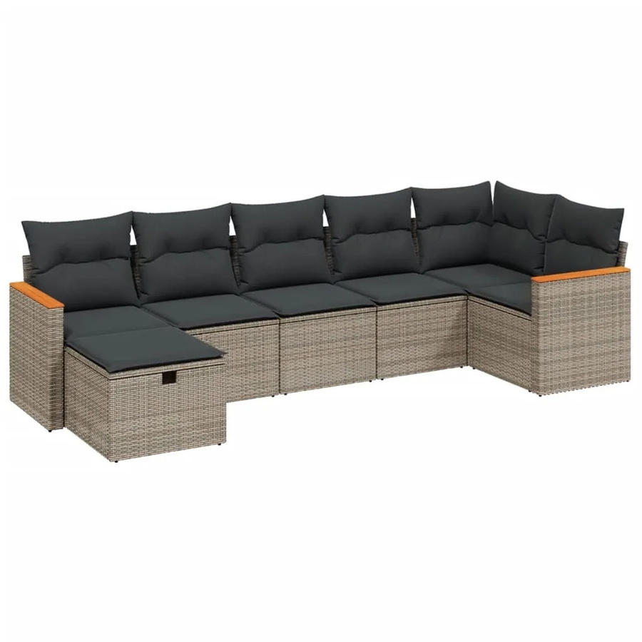 vidaXL 7-tlg. Garten-Sofagarnitur aus Poly Rattan in Grau mit Kissen und Ottoman, L-Form - Bild 2