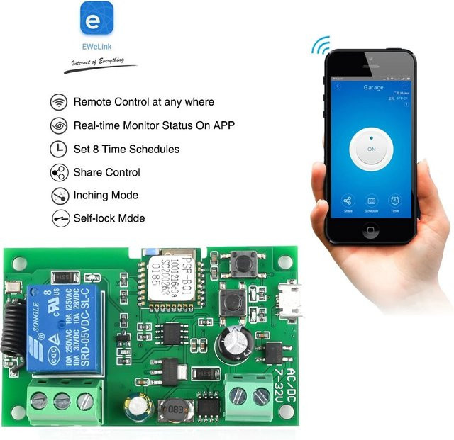 Ewelink Wifi RF Schalter Modul 1 Weg Steuerung DC 5V 7-32V Drahtlose Fernbedienung Relais 1 Kanal mit Alexa und Google Home Sprachsteuerung in Grün - Bild 1