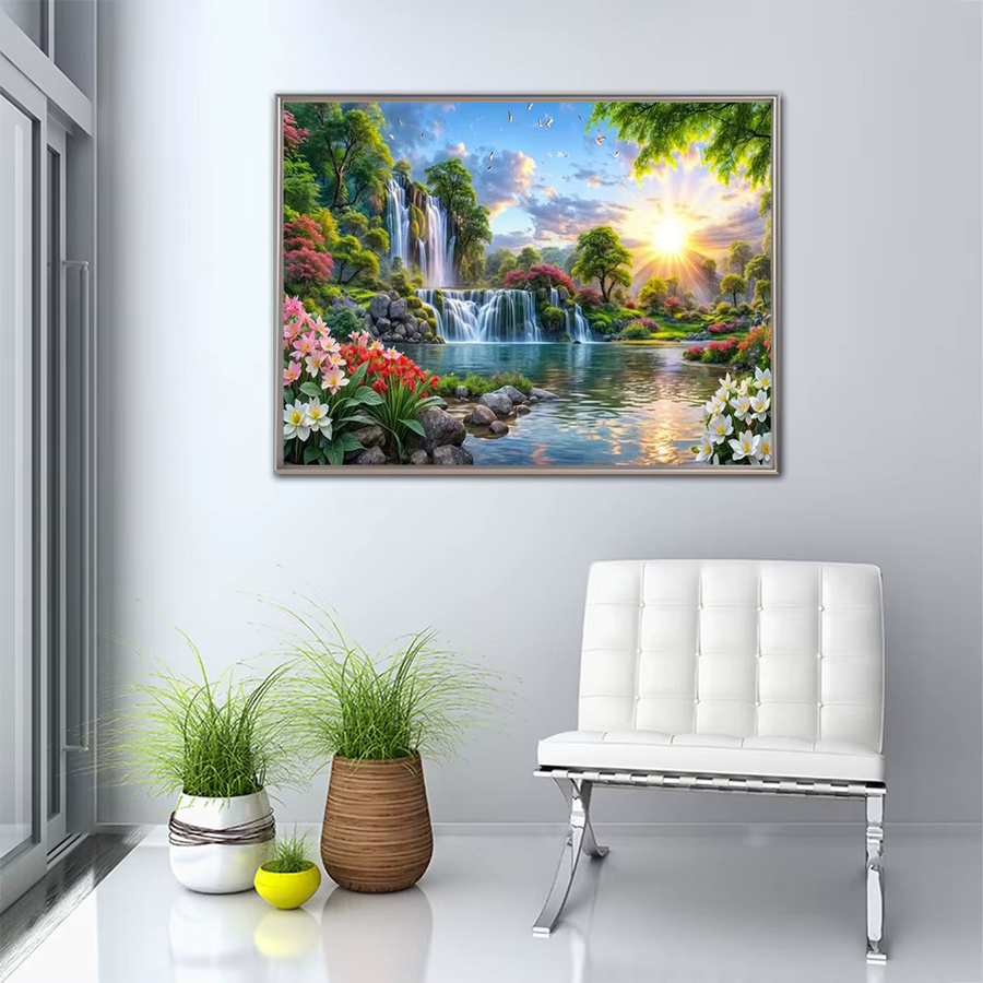 Momoart Diamant-Stickerei DIY Set Wasserfall-Landschaft mit Sonnenuntergang, Rundes Mosaik-Bastelset in Multicolour, Breite: 30 cm, Höhe: 20 cm, Tiefe: 20 cm - Bild 3