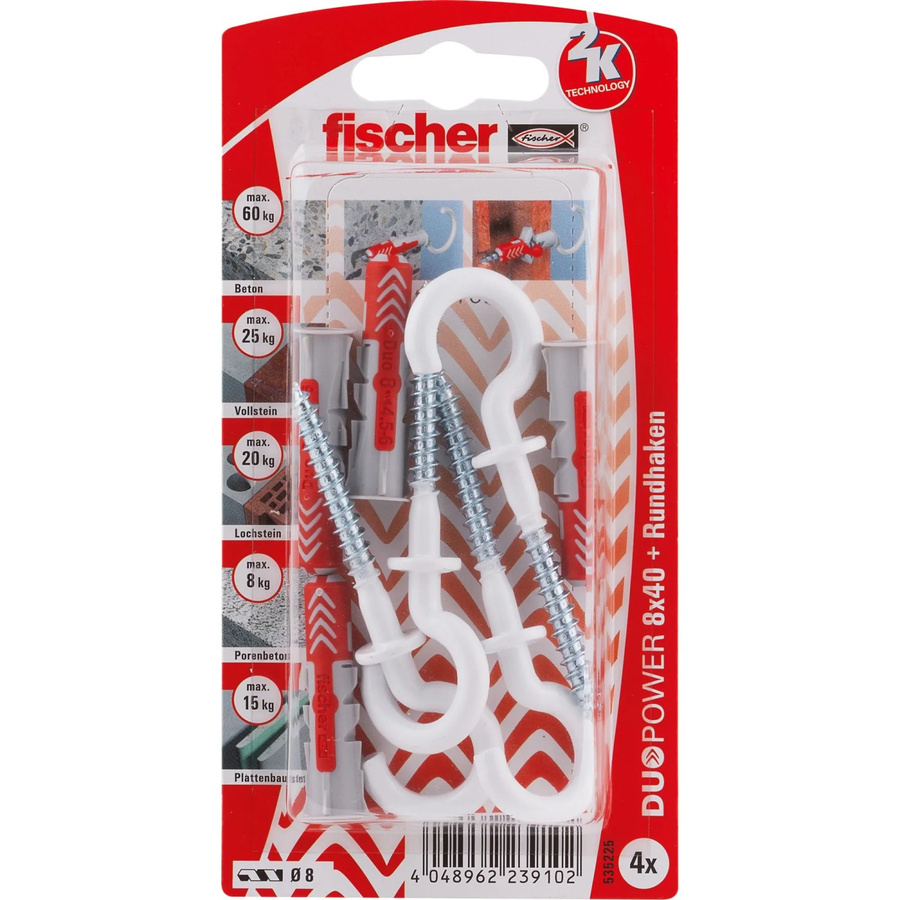 Fischer DuoPower Dübel mit Rundhaken, Durchmesser: 8 mm, Länge: 40 mm, 4 Stück, Grau und Rot - Bild 2