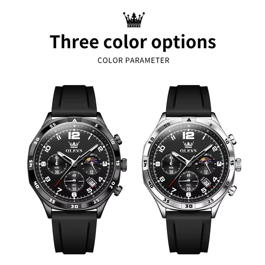 OLEVS Herrenuhr, Quarz, Mondphase, Datum, 42 mm, Silikonarmband, Schwarz - Bild 6