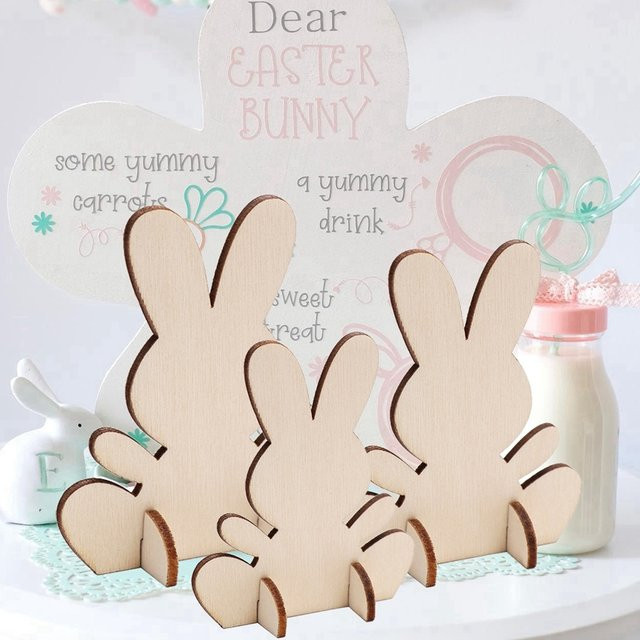 Tissy Ostern Holz Kaninchen Ornament DIY Malerei Set für Tischdekorationen in Beige - Bild 1