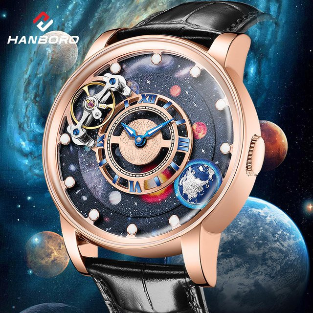 HANBORO Armbanduhr Automatik, Edelstahl, Roségold, Blau, Herren - Bild 1