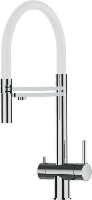 VIZIO Küchenarmatur aus Edelstahl mit 3-Wege-Wasserhahn, 360 Grad schwenkbarem Auslauf und abnehmbarer 2-Strahl Handbrause in Weiß und Silber - Bild 1
