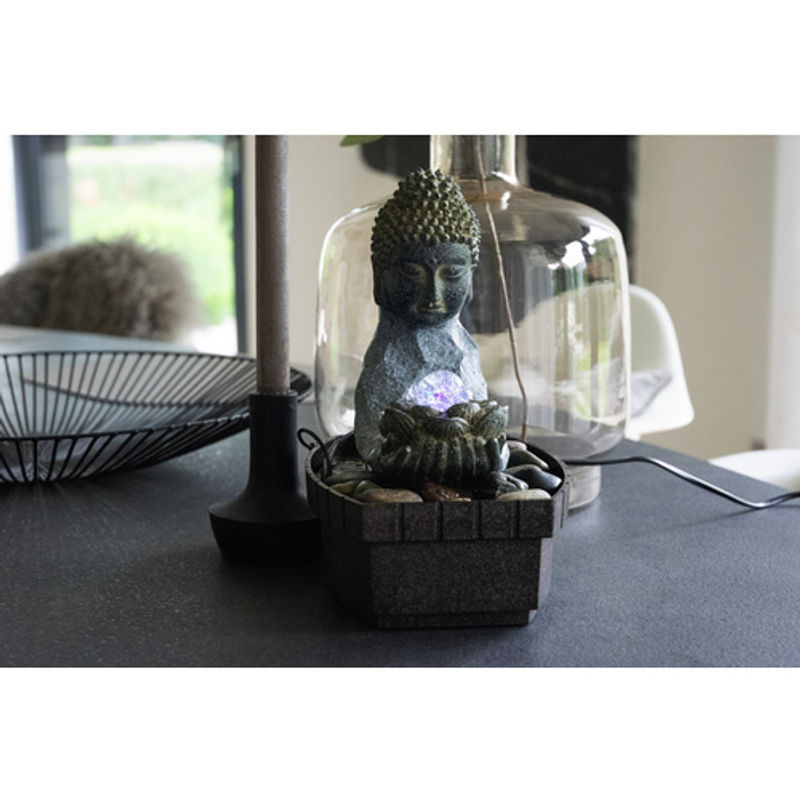 Dobar Buddha Zimmerbrunnen aus Polyresin mit LED-Beleuchtung und Pumpe, grau oder schwarz, B/H/T: 20 x 26 x 17 cm - Bild 5