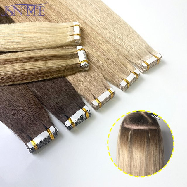 JSNME Tape-In-Haarverlängerung Echthaar, glatt, braun, blond, 2,5 g, 40,6–55,9 cm - Bild 1