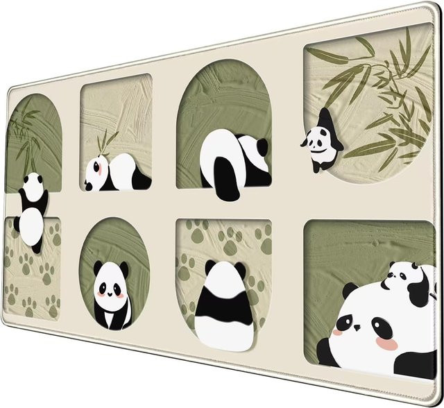Beige Kawaii-Panda-Schreibtischunterlage mit genähten Kanten und rutschfester Basis für Büro und Gaming - Bild 1