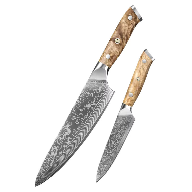 Baovim 1-2-teiliges Küchenmesser-Set aus Damaszener Stahl mit 67 Lagen und Sycamore-Holzgriff inklusive Geschenkbox - Bild 5