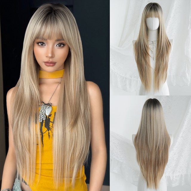 7JHH WIGS Perücke für Damen, lange gerade goldbraune Haare, synthetisch - Bild 1