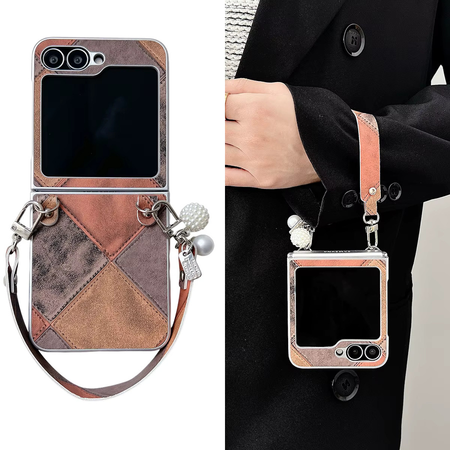 Luxus Retro Lederband Handyhülle für Samsung Galaxy Z Flip 4, Z Flip 5, Z Flip 6 und Z Flip 7 in White Multicolour, stoßfeste Abdeckung mit Handgelenkband - Bild 4
