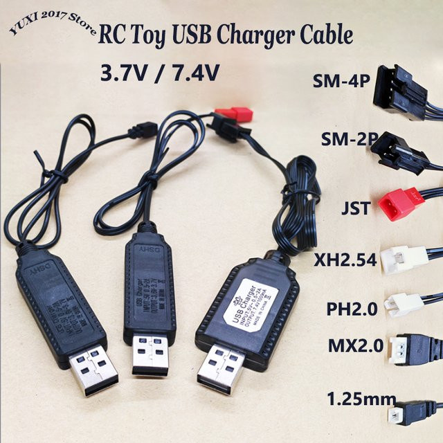YuXi USB-Ladekabel für RC-Spielzeug und Li-Ionen-Akkus mit SM/JST/XH2.54 Anschluss, Schwarz - Bild 1