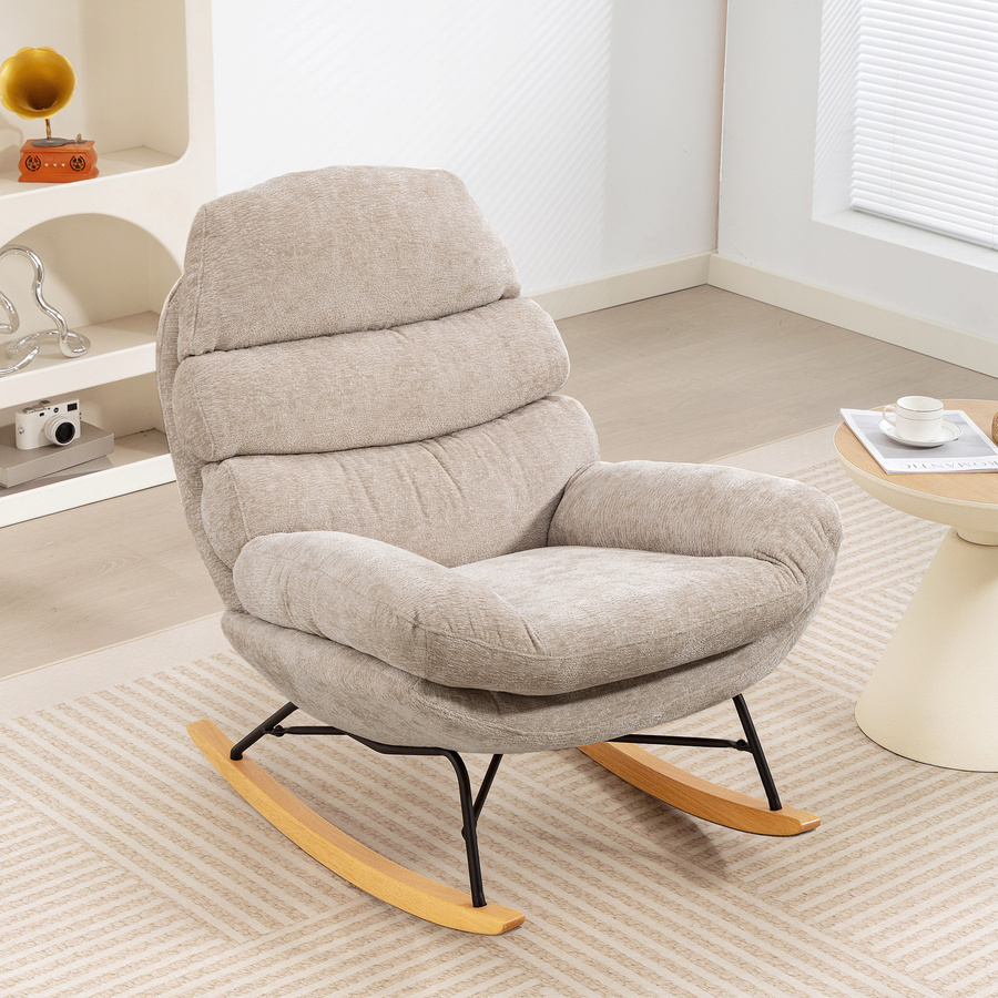 HOMCOM Schaukelstuhl Schaukelsessel mit Rückenlehne in Cremeweiß, gepolsterter Relaxsessel mit Chenille-Optik und Holzgestell für das Wohnzimmer - Bild 2