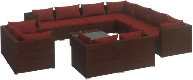 vidaXL 12-tlg. Garten-Lounge-Set in L-Form mit Kissen und Couchtisch, Braun/Rot, Poly-Rattan und Metallgestell - Bild 1