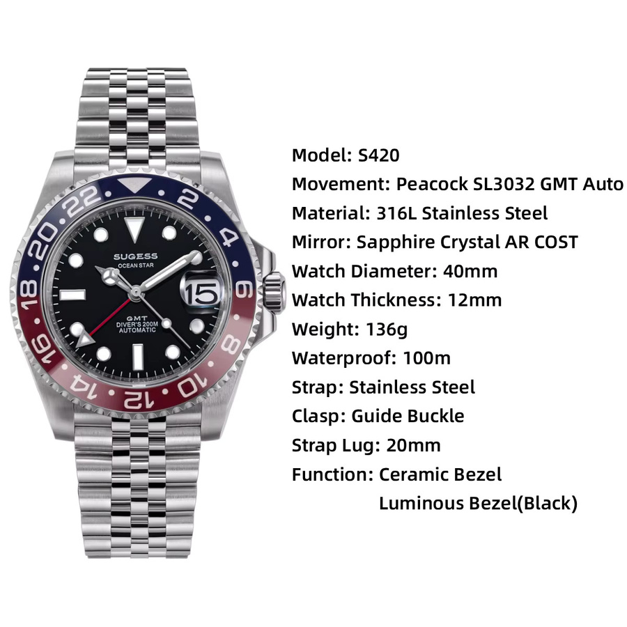 Sugess Armbanduhr GMT-Taucheruhr, Automatik, Edelstahl, Keramiklünette, Herren - Bild 3