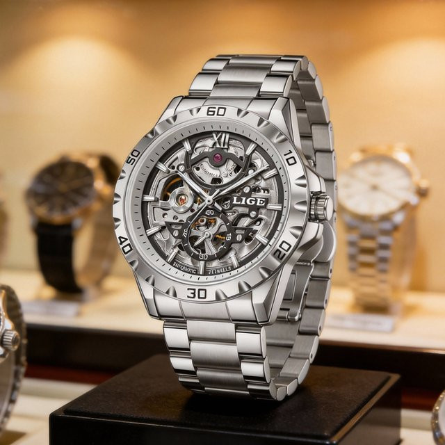 LIGE Armbanduhr Automatik, Edelstahl, Silber, Bicolor, Herren - Bild 1