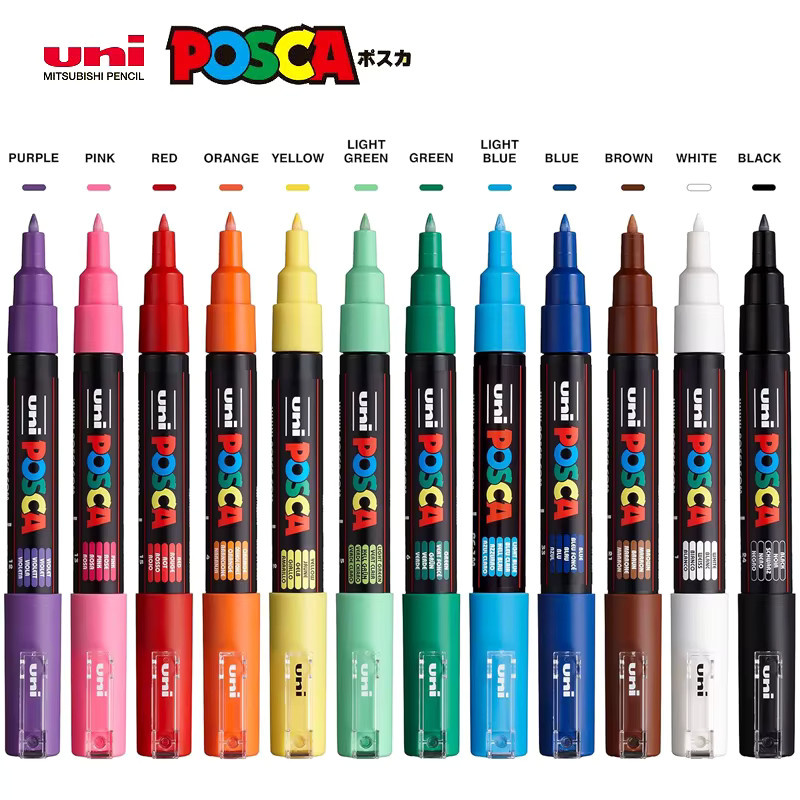 UNI POSCA Acrylmarker Set mit 12 Farben für Kunst, Malerei und DIY-Projekte auf Stoff und verschiedenen Oberflächen - Bild 2