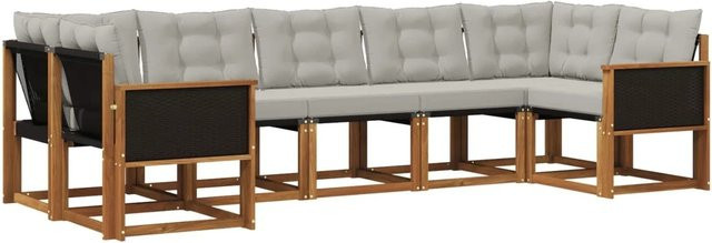 vidaXL Outdoor-Sofagarnitur in L-Form aus Massivholz Akazie mit Textilene Stoff und Kissen, Hellgrau/Natur - Bild 1