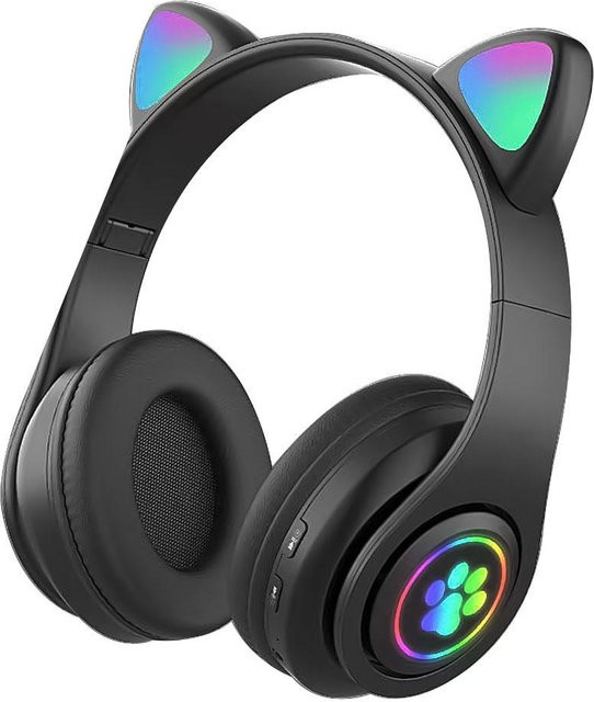 JQIQLY Bluetooth 5.0 Kopfhörer mit Katzenohren und RGB-Beleuchtung, kabellos und kabelgebunden, Schwarz - Bild 1