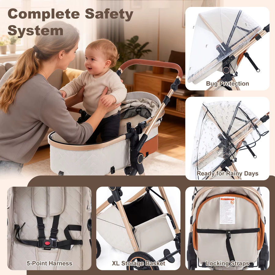3-in-1 Kombi-Kinderwagen für Neugeborene mit Babywanne, zusammenklappbar und verstellbarer Griff, Grau-Blau - Bild 6