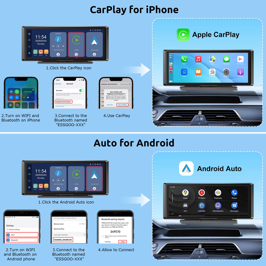 ESSGOO 4K Tragbares Universal-Carplay Autoradio mit Android Auto, Bluetooth, AUX und Mirror Link, Schwarz, 8,1 Zoll - Bild 3