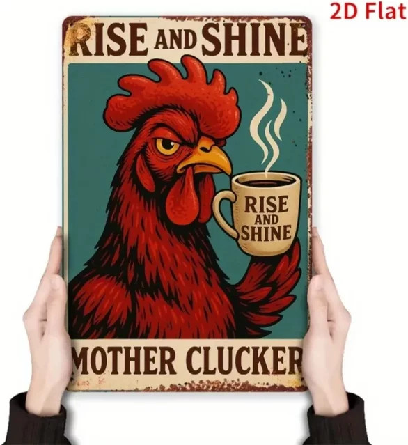 Wandskulptur Rise and Shine Mother Clucker von CIFBUY aus Metall in Blaugrün mit Tiermotiv und Typografie, B/H: 30 x 20 cm - Bild 1