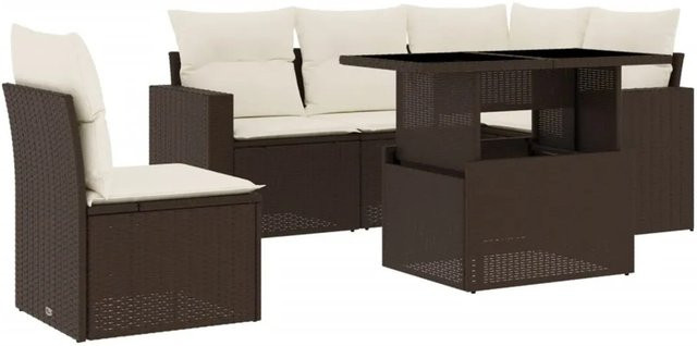 vidaXL 6-teilige Garten-Sofagarnitur in L-Form aus braunem PE-Rattan mit cremeweißen Polsterkissen und pulverbeschichtetem Stahlgestell - Bild 1