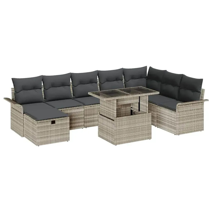 vidaXL Garten-Sofa-Set aus Polyrattan in Hellgrau, 9-teiliges L-Shape Lounge-Set mit Kissen für Terrasse und Garten - Bild 2