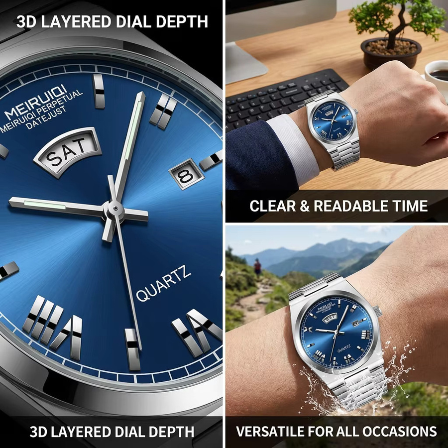 MEIRUIQI Armbanduhr, Quarz, blaues Zifferblatt, Edelstahl, Herren - Bild 5