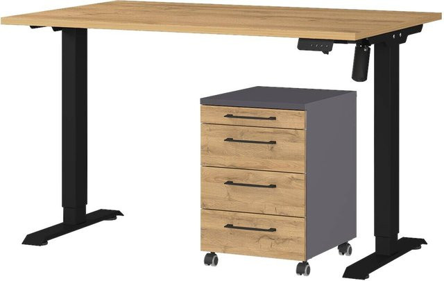 Germania Büro-Set mit höhenverstellbarem Schreibtisch und Rollcontainer in Eiche-Grandson-Nachbildung, Schwarz/Graphit, B/H/T: 177 x 119 x 80 cm - Bild 1