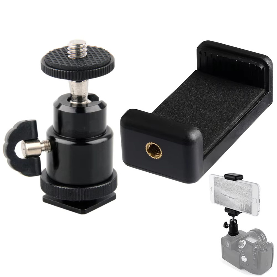 Universeller Hot Shoe Telefonclip Handyhalter in Schwarz mit 1/4-Zoll-Schraubhalterung für Stativ und Einbeinstativ sowie SLR-Kameras - Bild 3