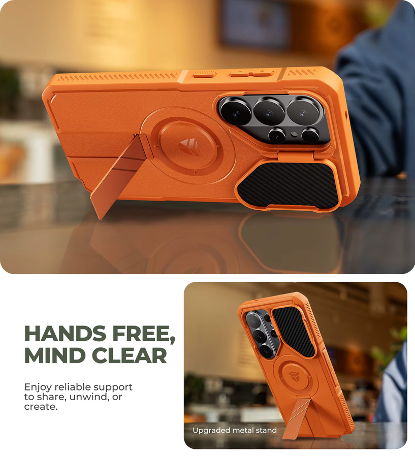 Stoßfeste Samsung Galaxy S26 Ultra Hülle mit MagSafe Kompatibilität, Kameraabdeckung, verstellbarem Ständer und Displayschutz, 6,9 Zoll, Schwarz/Orange - Bild 4