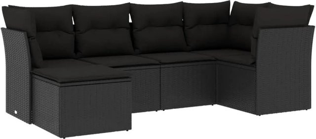 vidaXL 6-tlg Garten-Sofagarnitur aus Polyrattan in Schwarz mit Kissen und Ottoman, L-Form Lounge-Set für Terrasse und Garten - Bild 1
