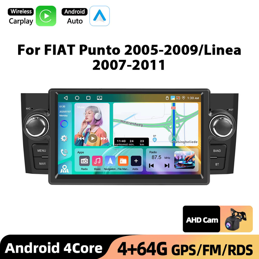 Podofo 7 Zoll Wireless CarPlay Autoradio für FIAT Punto 2005-2009 und Linea 2007-2011 mit Android, GPS, Bluetooth und FM/RDS in Schwarz - Bild 7