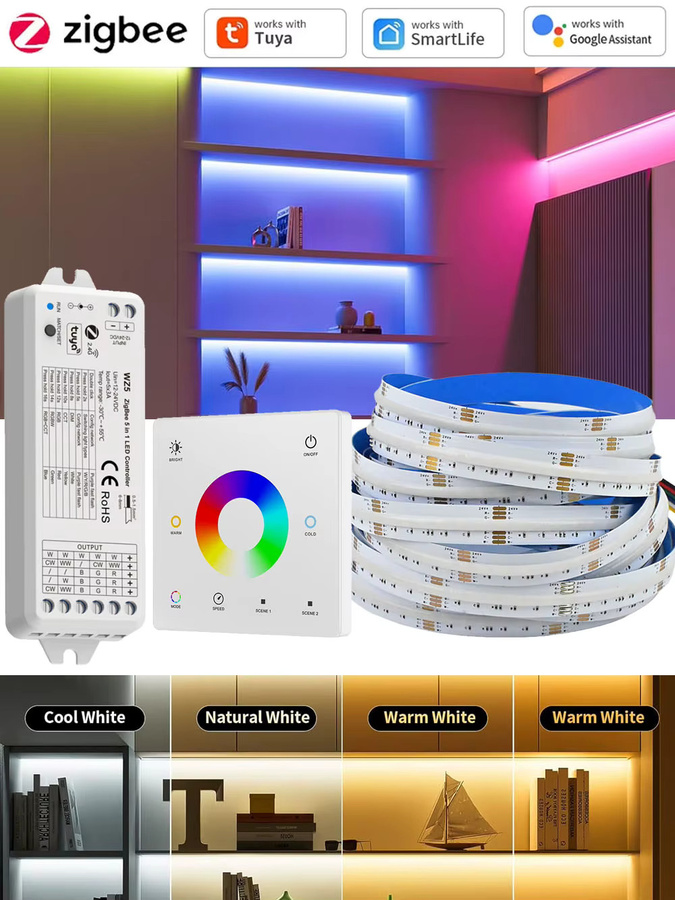 CENFAYA Tuya Zigbee 3.0 COB RGB+CCT LED-Streifen 24V dimmbar mit RF-Touch-Fernbedienung, kompatibel mit Alexa und Google Assistant, Multicolor/Weiß - Bild 7