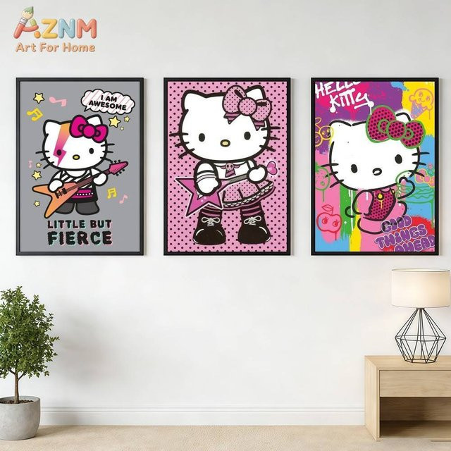 AZNM Hello Kitty Sanrio Leinwand-Wandkunst Pink Punk Style C, ungerahmtes Cartoon-Poster mit Katzen-Rockstar-Motiv, mehrfarbig - Bild 1