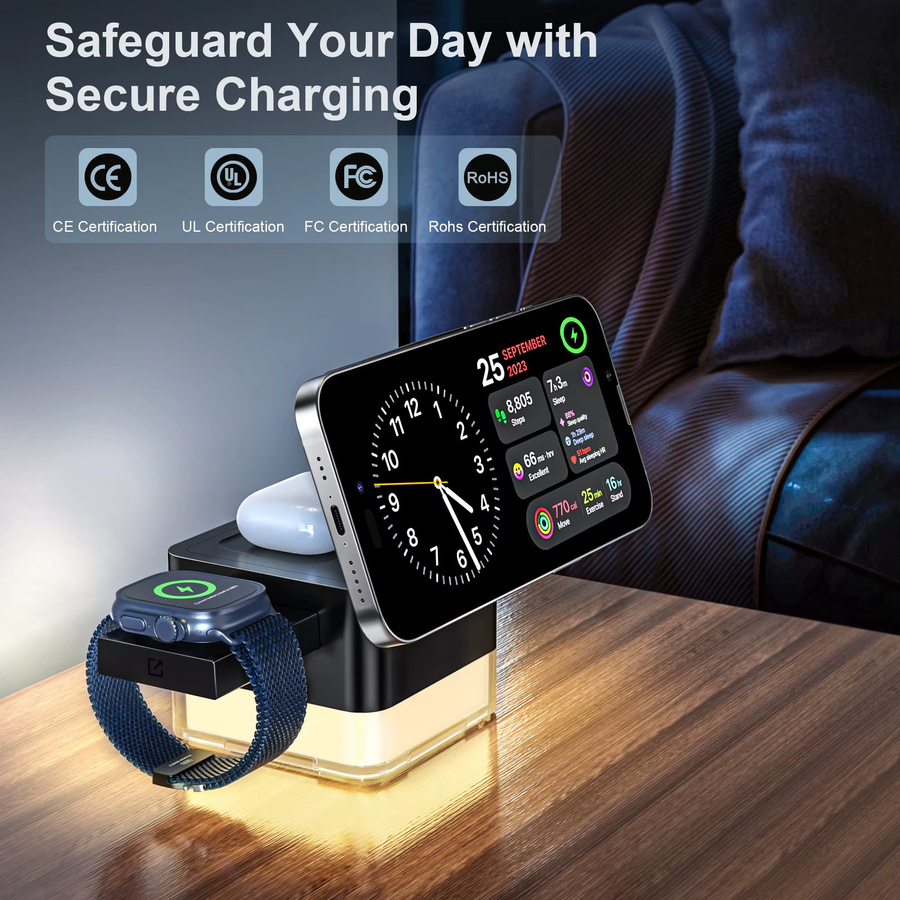 VEERNOO 3-in-1 Magnetisches Kabelloses Ladegerät Faltbar in Schwarz mit 15W Schnellladefunktion und Nachtlicht für iPhone, Apple Watch und AirPods - Bild 2