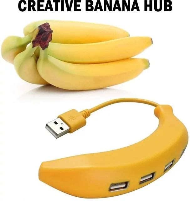Banana USB-Hub 4-Port-Splitter mit Netzteil für Laptop-Computer in Gelb zur schnellen Datenübertragung und zum Aufladen - Bild 1