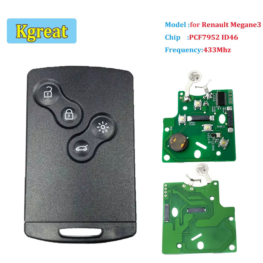 Kgreat Remote Key Card Smart Key 4 Tasten 433 MHz PCF7952 ID46 Chip für Renault Megane 3 Megane III in Schwarz - Bild 2
