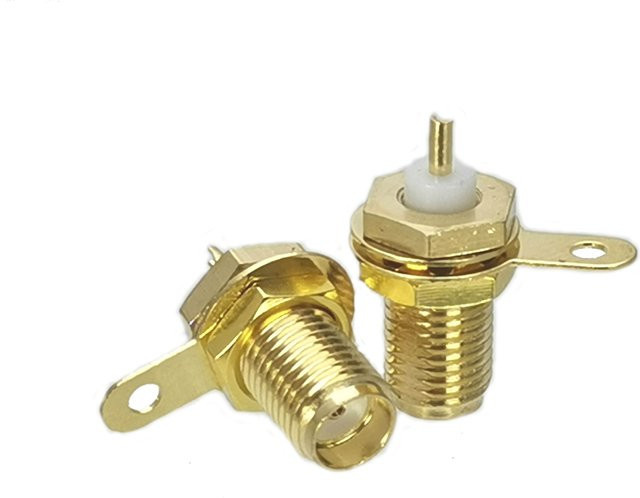 SMA Koaxial-Stecker weiblich mit PTFE-Isolierung für Plattenmontage, gerade, Goldfarben - Bild 1