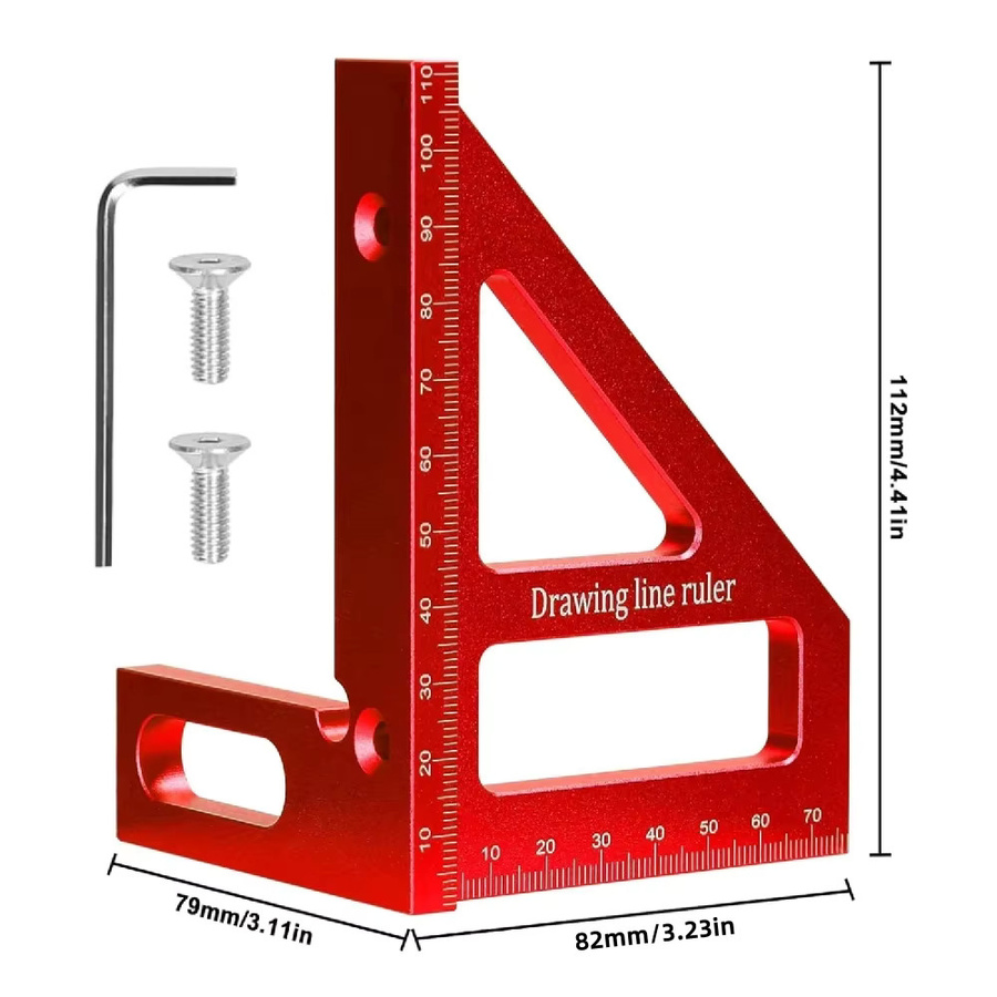 FNICEL Aluminium-Mehrwinkel-Messlineal in Rot als quadratischer Winkelmesser für die Holzbearbeitung mit 45° und 90° Winkeln - Bild 2