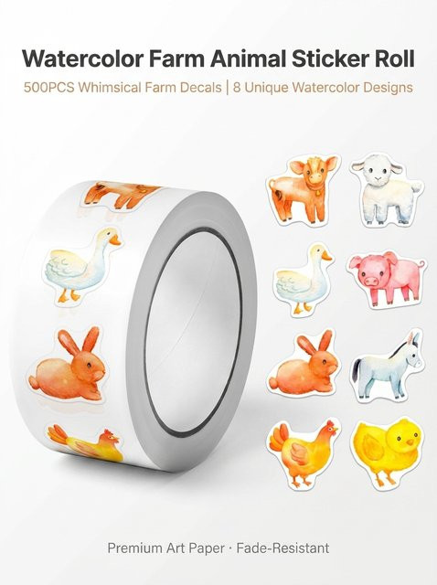 500 Stück Cartoon-Bauernhoftiere Aufkleber auf Rolle, Mehrfarbig, Durchmesser: 2,5 cm, Papier-Aufkleber für DIY-Bastelarbeiten, Tagebücher und Planer - Bild 1